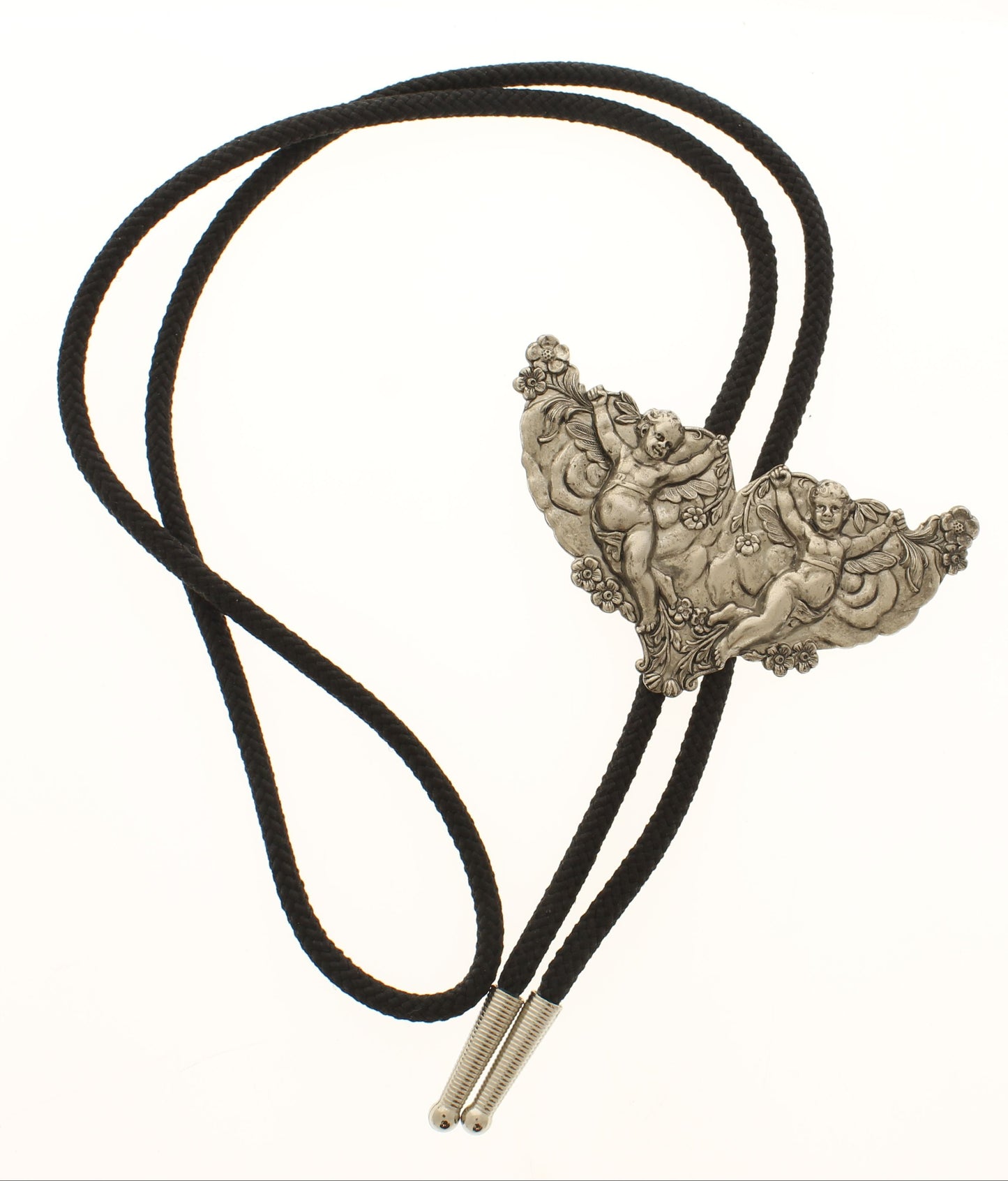 Heavenly Companions Bolo Tie – Twin Cherubs in Ornate Silver, Made in USA, 86.7mm x 51.3mm