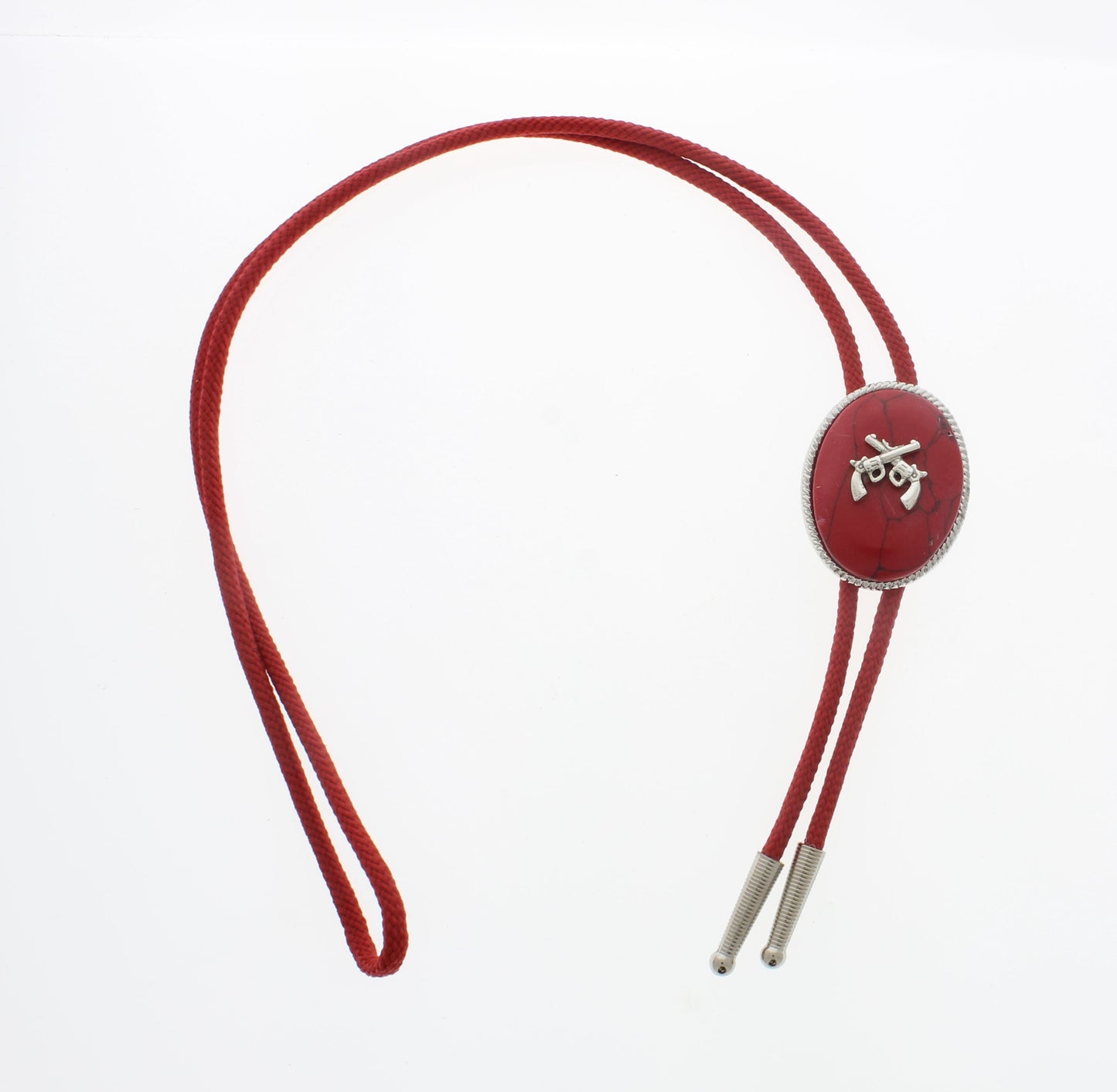 45mm x 35mm Western Red Bolo Tie with Crossed Pistols Emblem, made in USA, each