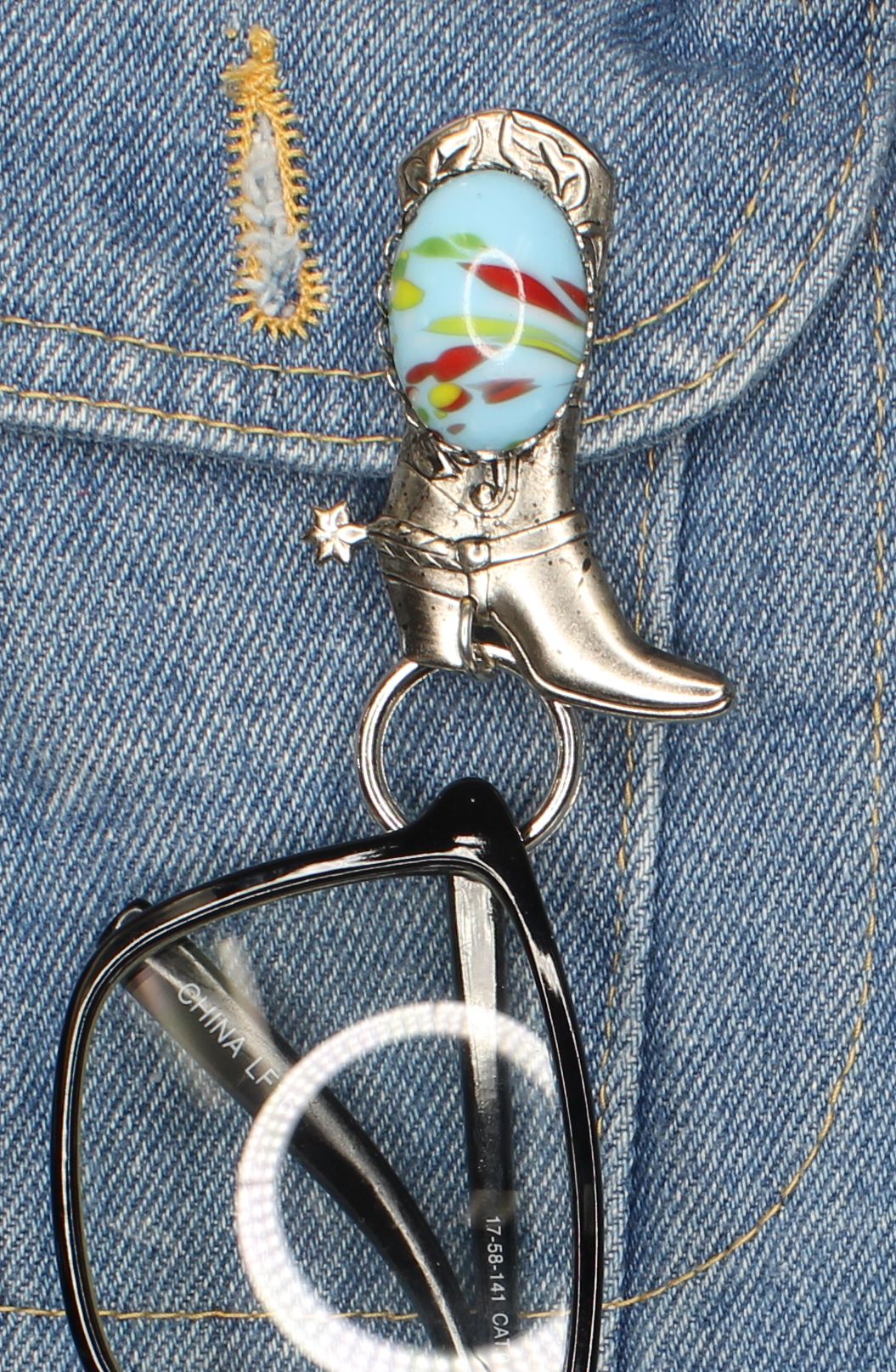 Silver Cowboy Boot Eye Glass Holder with Sky Blue Cabochon, made in USA, each