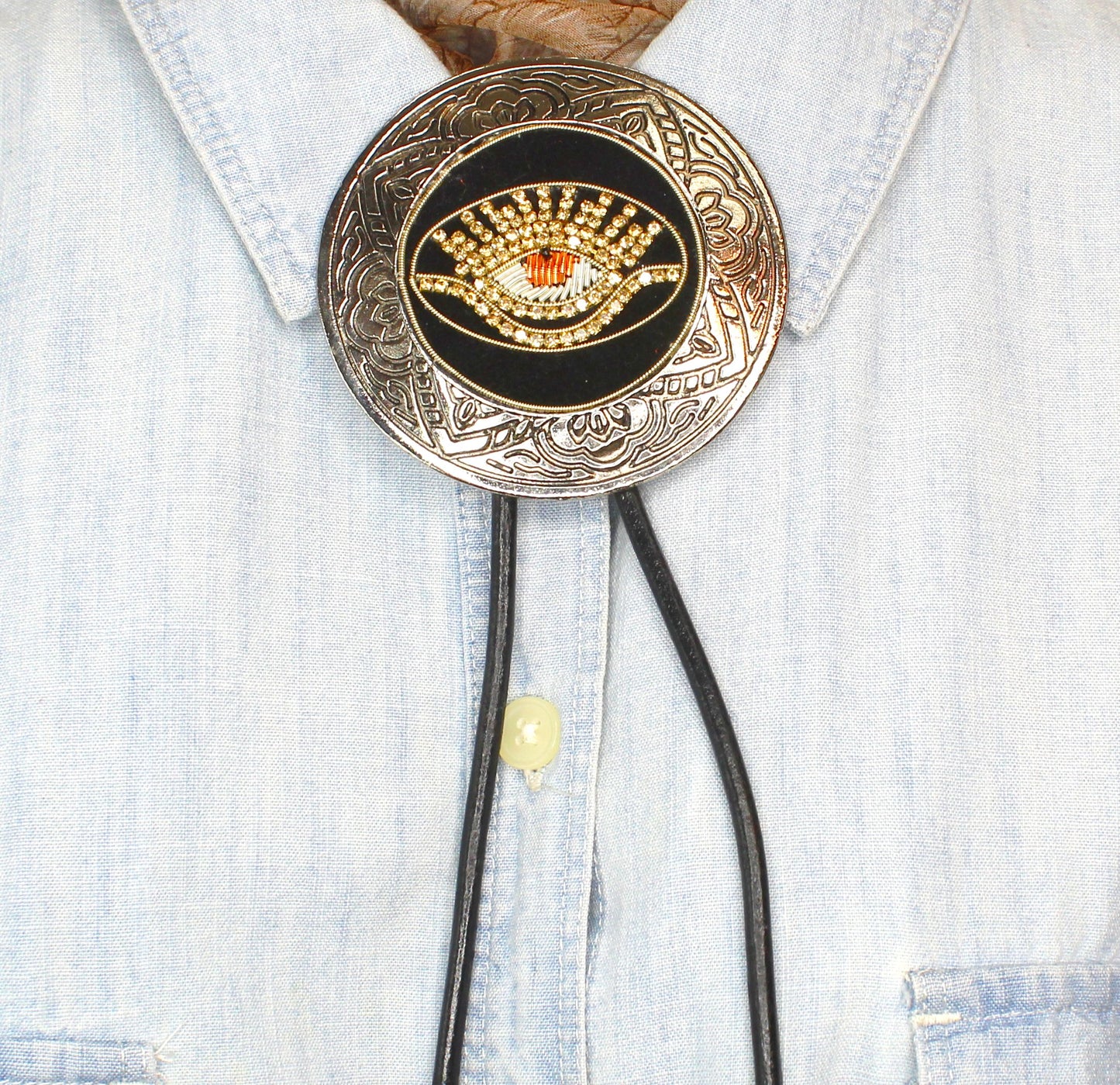 75mm Golden Eye Bolo, 36" Black Leather Cord, made in USA, each