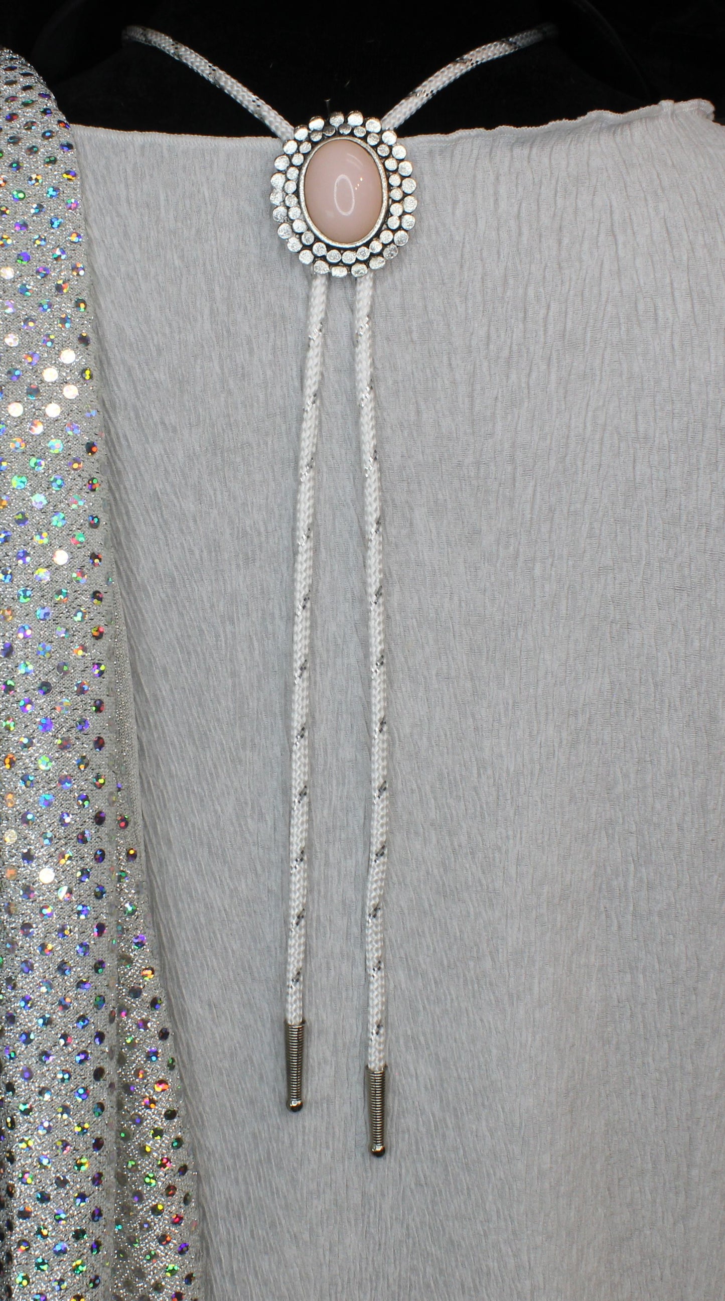 Prairie Rose: Blush Stone & White Cord Bolo Tie, Made in USA, 34.8mm x 40.7mm