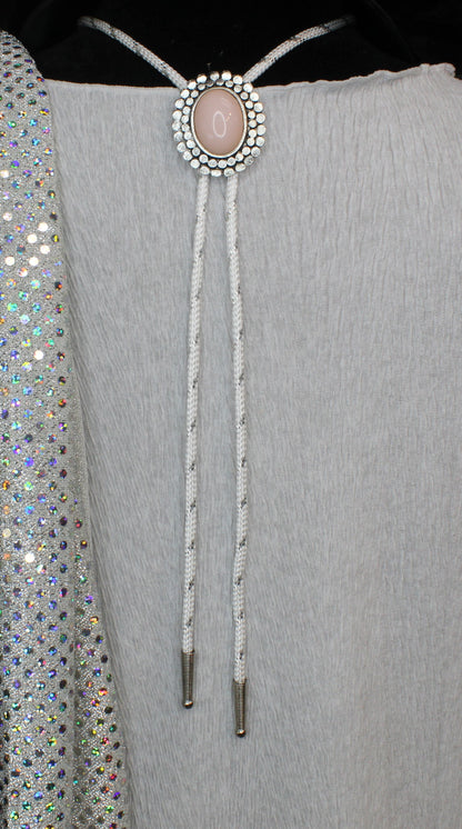 Prairie Rose: Blush Stone & White Cord Bolo Tie, Made in USA, 34.8mm x 40.7mm