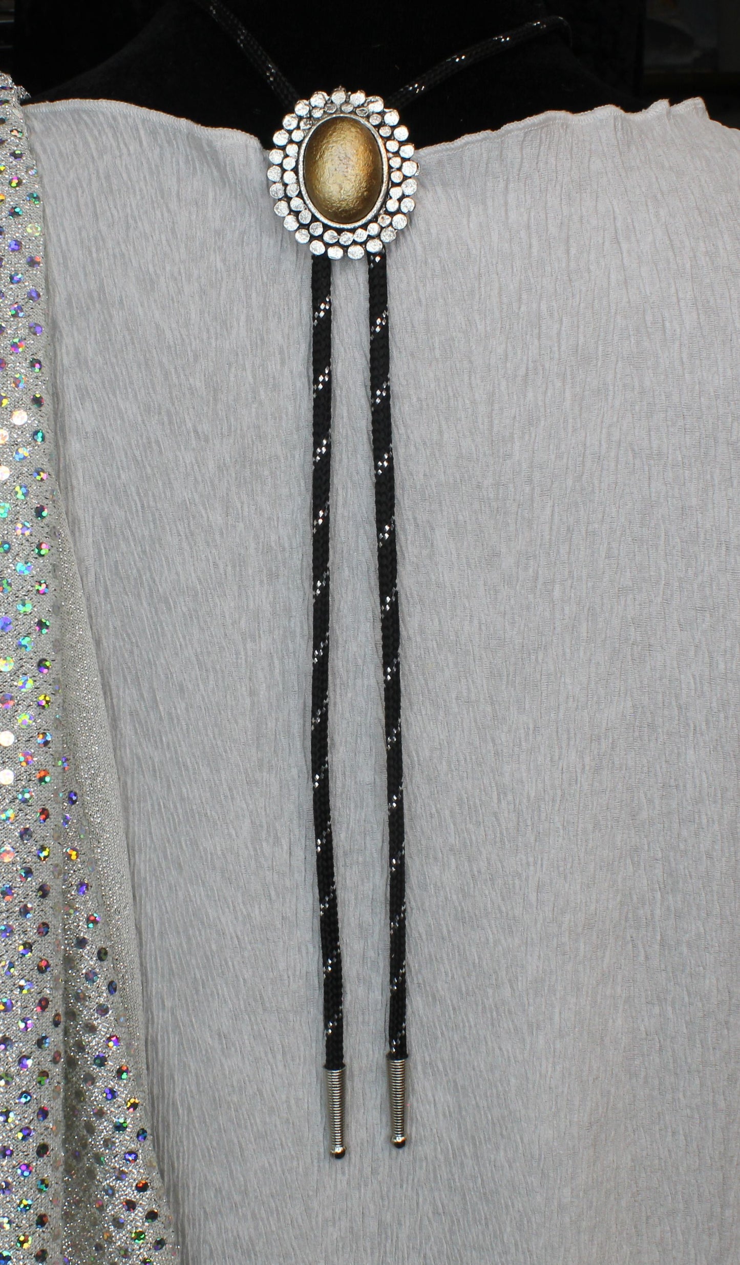 Obsidian Trail: Speckled Stone Bolo Tie, Made in USA, 35.3mm x 40.4mm