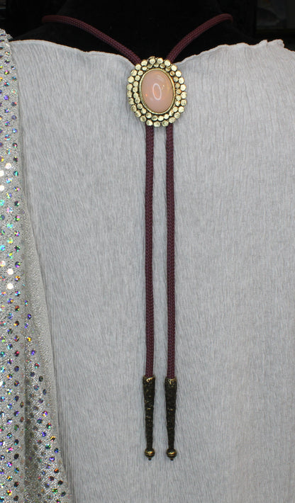 Rose of the Mesa: Blush Stone Bolo Tie with mahogany cord, Made in USA, 34.8mm x 42mm