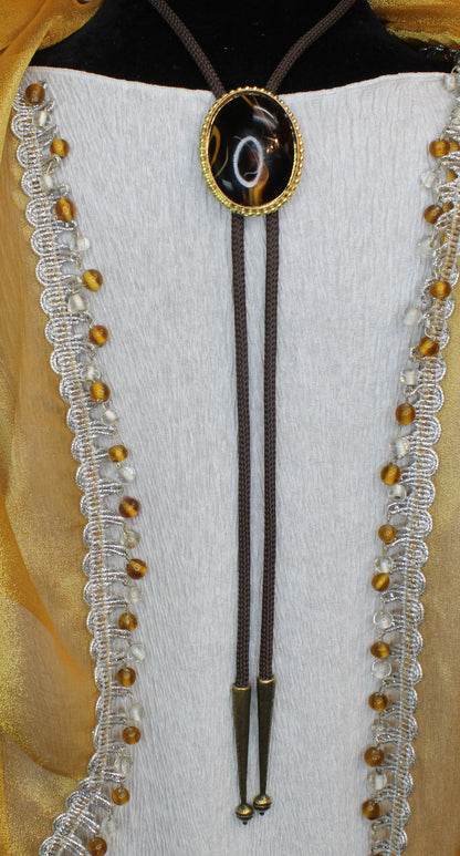 Molten Earth: Swirl Stone & Golden Frame Bolo Tie, Made in USA, 36.4mm x 46.9mm