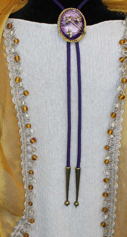 Lavender Bloom: Floral Medallion & Purple Cord Bolo Tie, Made in USA, 36.2mm x 46.5mm