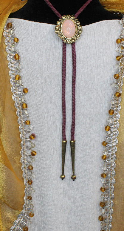 Sangria Sunset: Blush Stone & Braided Plum Bolo Tie, Made in USA, 36.3mm x 39.4mm