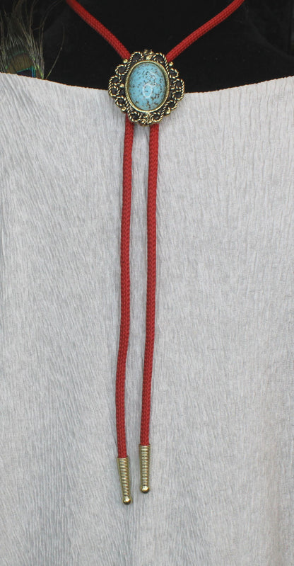 Turquoise Ember: Regal Red & Gold Bolo Tie, Made in USA, 36.3mm x 39.9mm