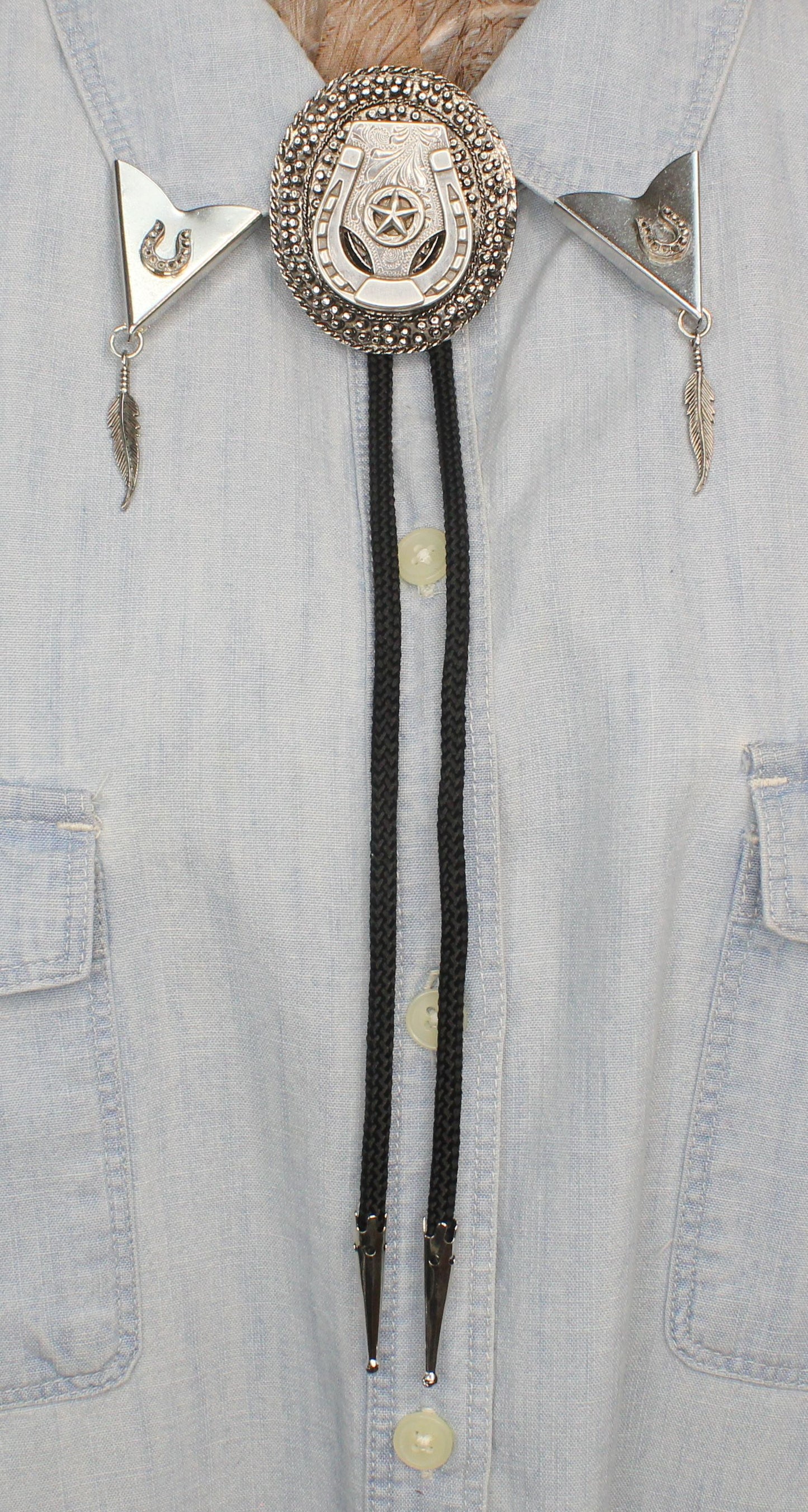 Lone Star Horseshoe Bolo & Feather Collar Tips Set, made in USA, set of 3