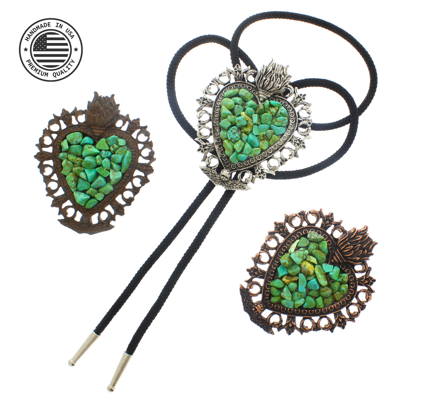 83mm x 71mm Flaming Heart Bolo Tie, Rustic, Copper, Silver, made in USA, each