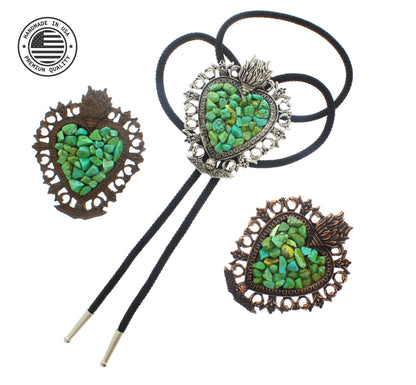 83mm x 71mm Flaming Heart Bolo Tie, Rustic, Copper, Silver, made in USA, each