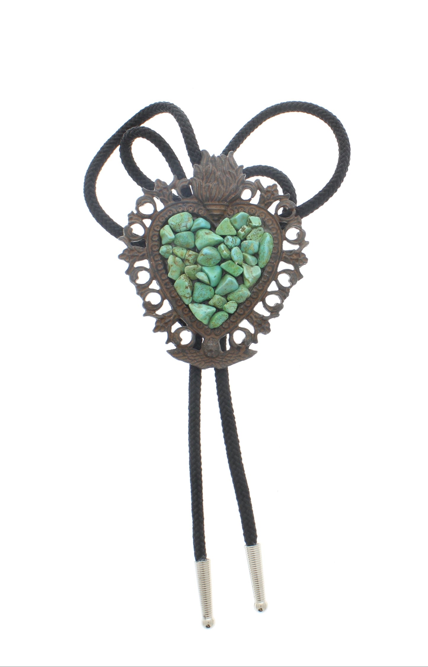 83mm x 71mm Flaming Heart Bolo Tie, Rustic, Copper, Silver, made in USA, each