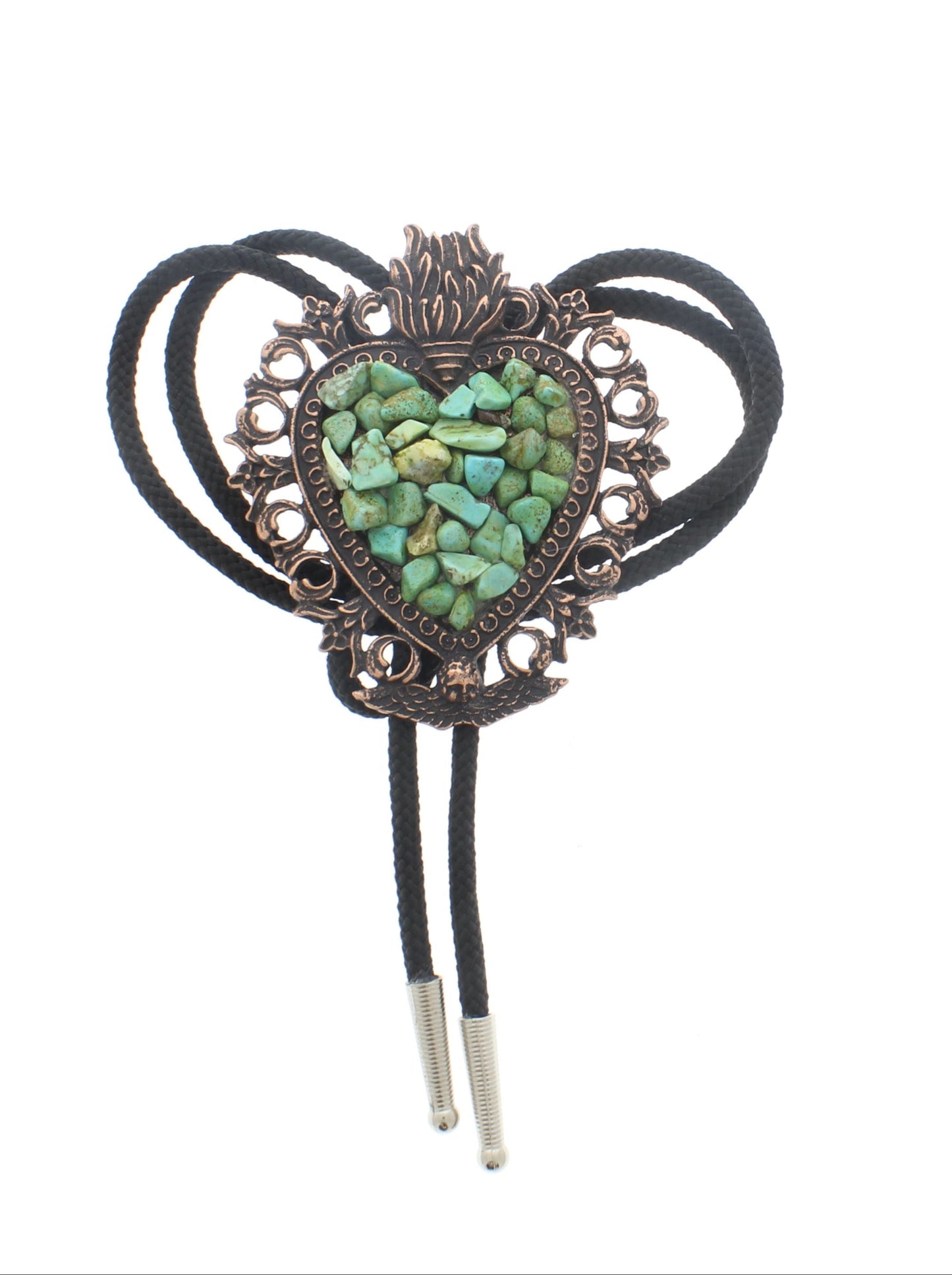 83mm x 71mm Flaming Heart Bolo Tie, Rustic, Copper, Silver, made in USA, each