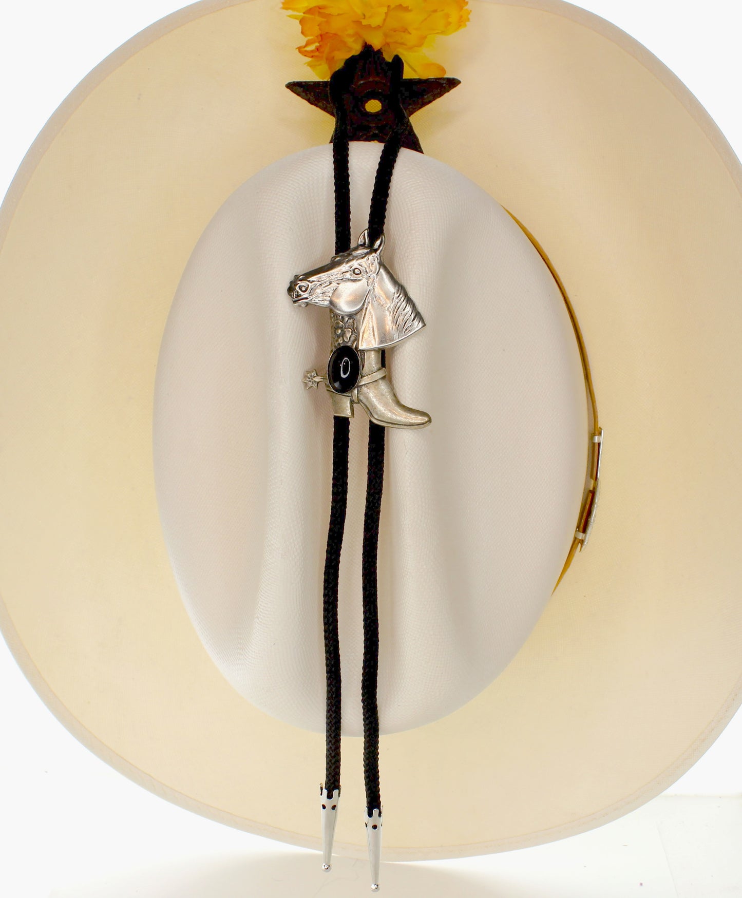 60mm x 45mm Horse & Cowboy Boot Bolo Tie, Turquoise, Black, Red or Brown Stone, made in USA, each