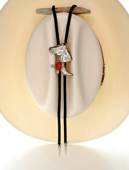 60mm x 45mm Horse & Cowboy Boot Bolo Tie, Turquoise, Black, Red or Brown Stone, made in USA, each