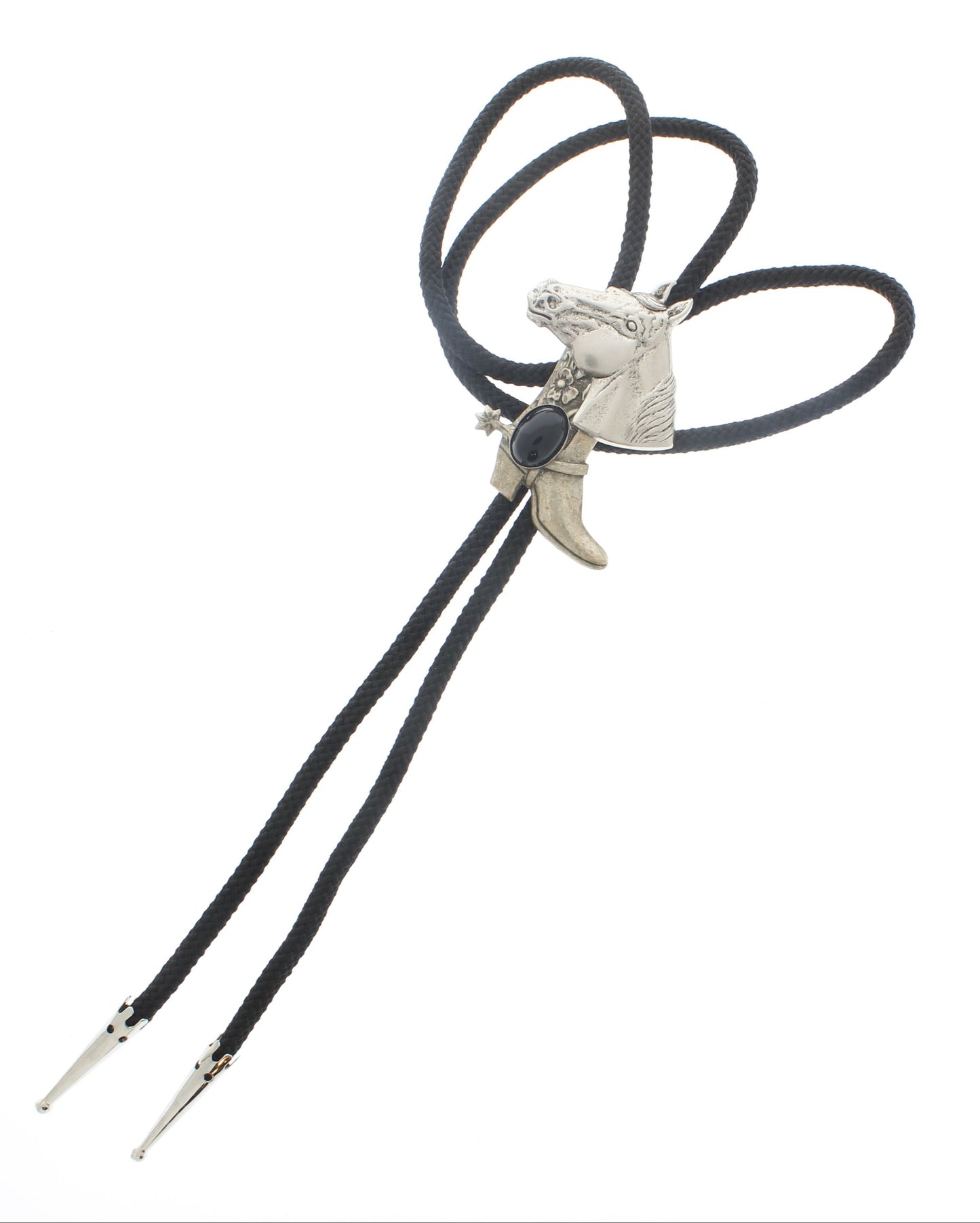 60mm x 45mm Horse & Cowboy Boot Bolo Tie, Turquoise, Black, Red or Brown Stone, made in USA, each