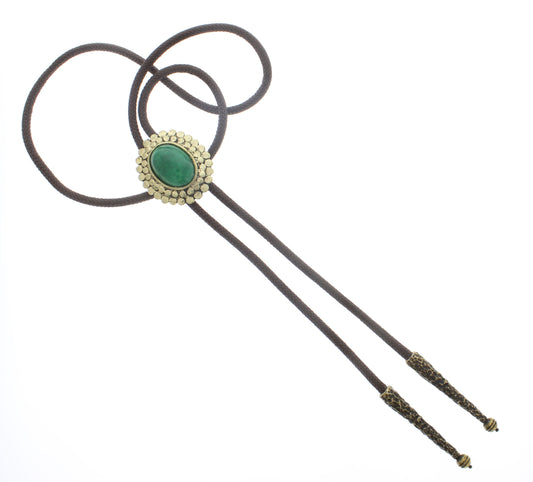 Sage Sovereign: Emerald Stone & Golden Mesa Bolo Tie, Made in USA, 35.3mm x 41.9mm