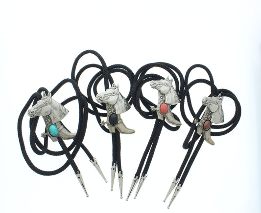 60mm x 45mm Horse & Cowboy Boot Bolo Tie, Turquoise, Black, Red or Brown Stone, made in USA, each