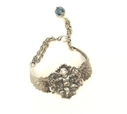 Cherub Feather Wing Bracelet with single faceted crystal bead, Antique Gold or Silver, each