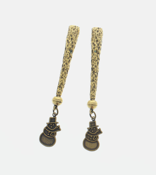 Golden Flurry – Snowman Bolo Tips with Woven Rods and Winter Cheer, Made in USA, 85.6mm, pair