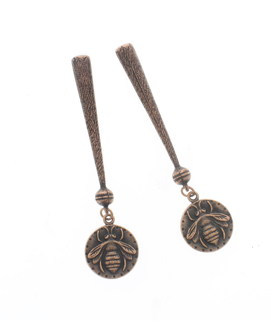 Copper Nectar – Bee Bolo Tips with Textured Rods and Vintage Disc Charms, Made in USA, 85.7mm, pair