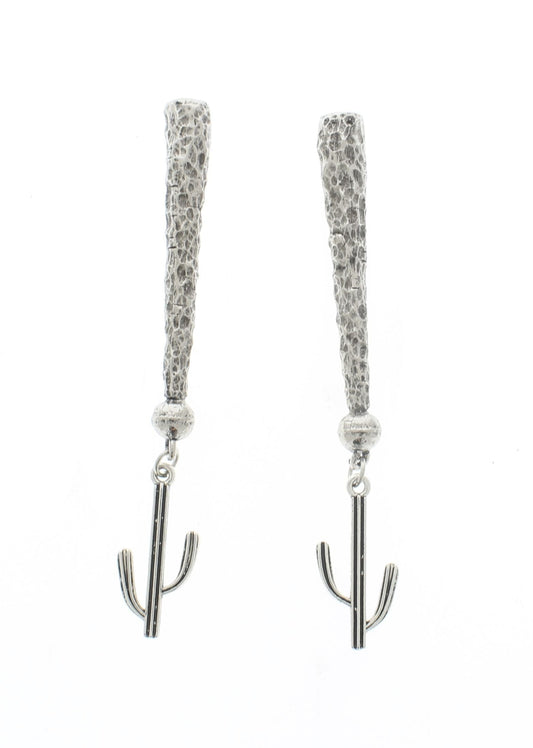 Desert Bloom – Silver Cactus Bolo Tips with Textured Rods, Made in USA, 89.4mm, pair