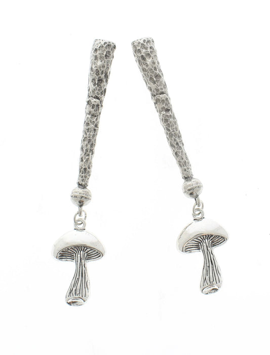 Silver Grove – Mushroom Bolo Tips with Textured Rods and Woodland Charms, Made in USA, 89.3mm, pair