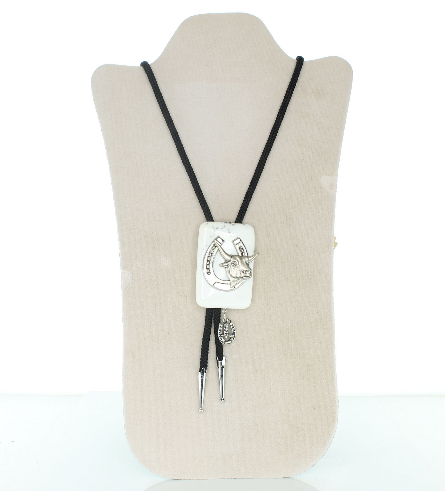 59mm x 39mm White Stone Cow head Pendant Bolo Tie, made in USA, each