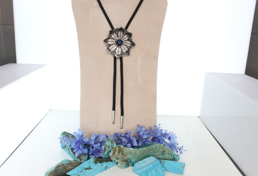 Silver Flower Bolo Tie – Western Leather Necklace with Blue Gem Center 63.3mm x 63.3mm, each
