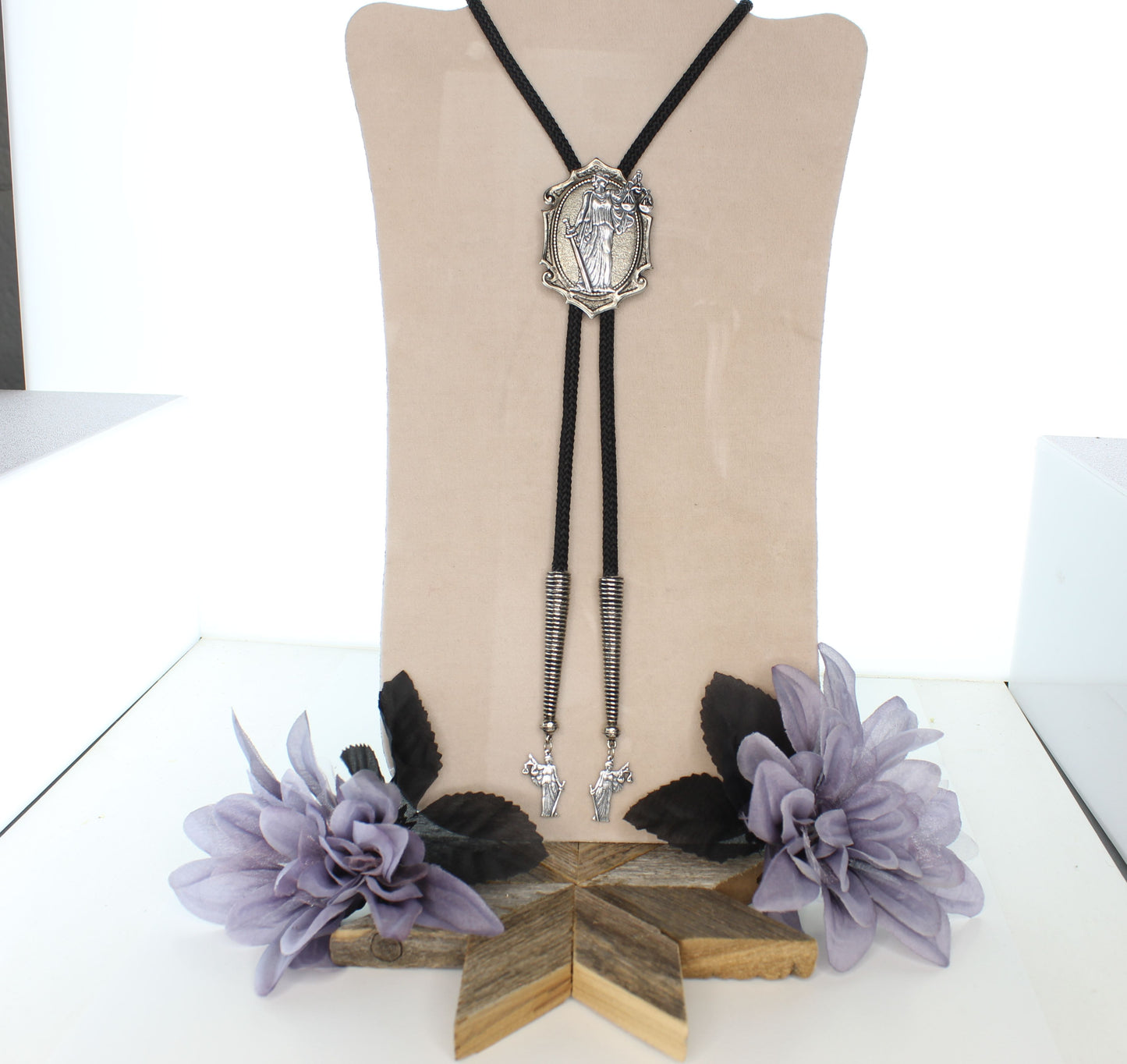 Lady Justice Bolo Tie – Silver Scales & Sword Medallion on Black Braided Cord and Custom Justitia Tips 60.9mm x 40.6mm