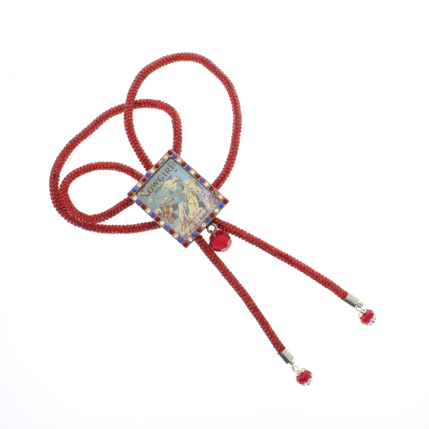 Retro Cowgirl Bolo Tie – Red Jeweled Cord with Vintage Western Pin-Up Art & Crystal Accents 46.8mm x 37.5mm