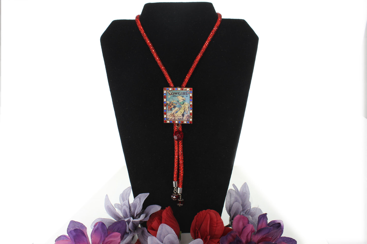 Retro Cowgirl Bolo Tie – Red Jeweled Cord with Vintage Western Pin-Up Art & Crystal Accents 46.8mm x 37.5mm