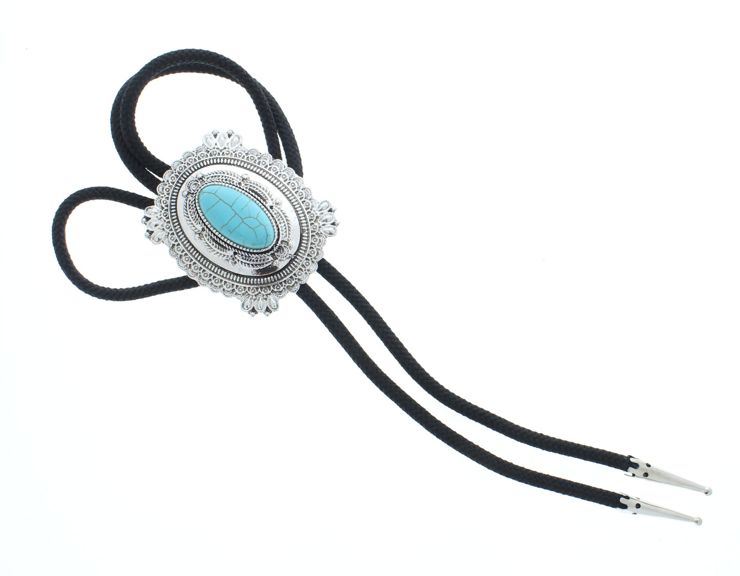 Stone Trail – Oval Turquoise Bolo Tie with Engraved Silver Clasp (size optional)