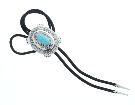 Stone Trail – Oval Turquoise Bolo Tie with Engraved Silver Clasp (size optional)