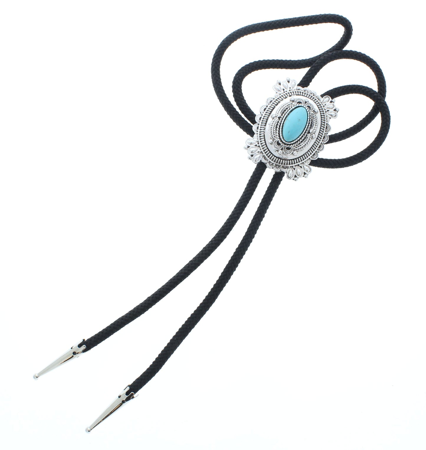 Stone Trail – Oval Turquoise Bolo Tie with Engraved Silver Clasp (size optional)