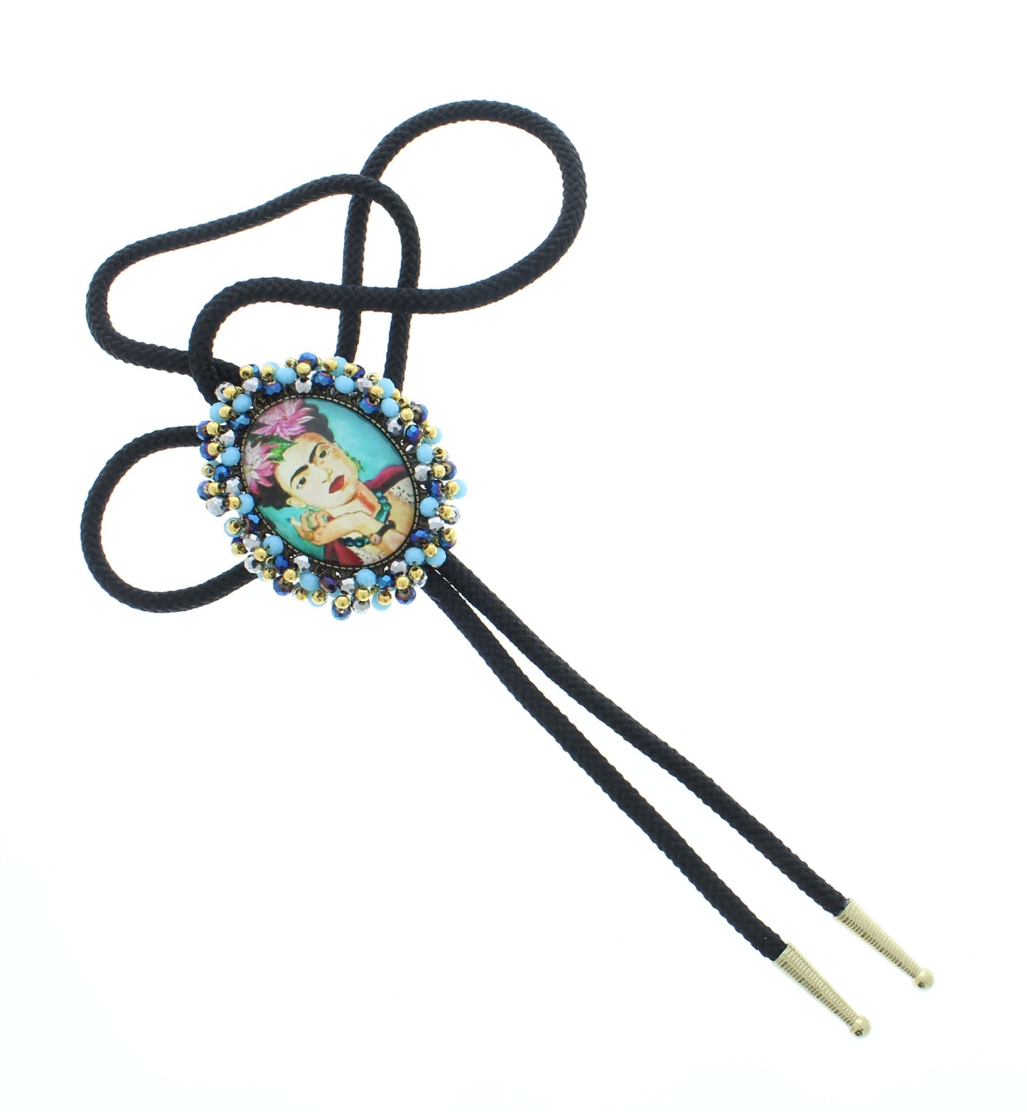 Garden of Thought – Frida Kahlo Bolo Tie with Blue & Gold Beading