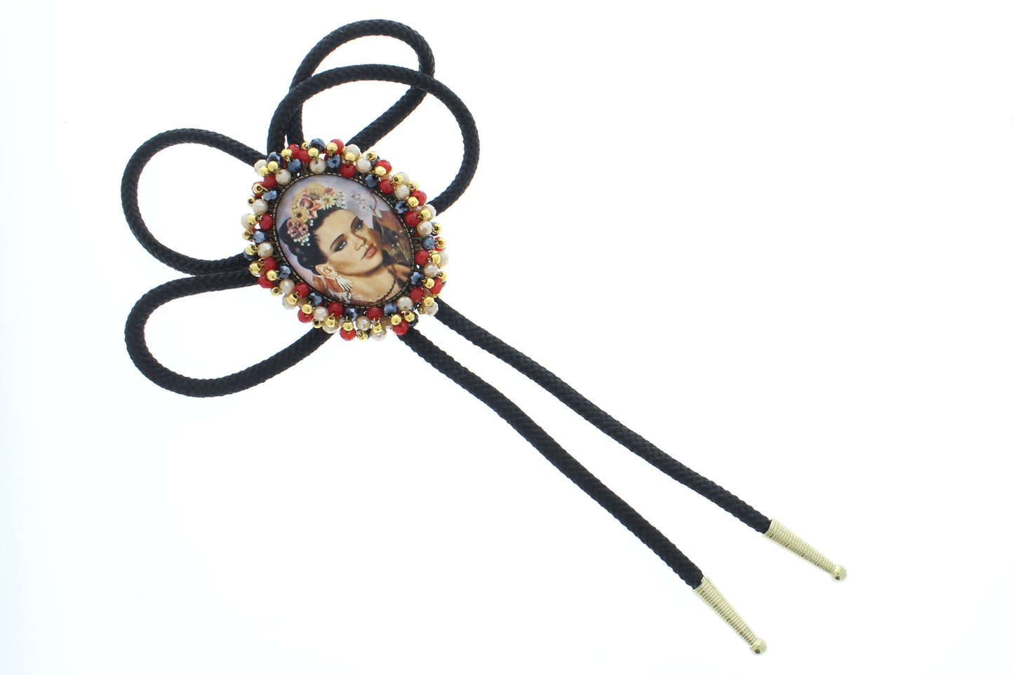 Bloom and Resolve – Frida Kahlo Bolo Tie with Floral Portrait and Beaded Frame