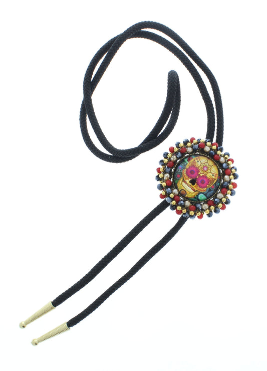 Blooming Bones – Candy Skull Bolo Tie with Floral-Eyed Centerpiece