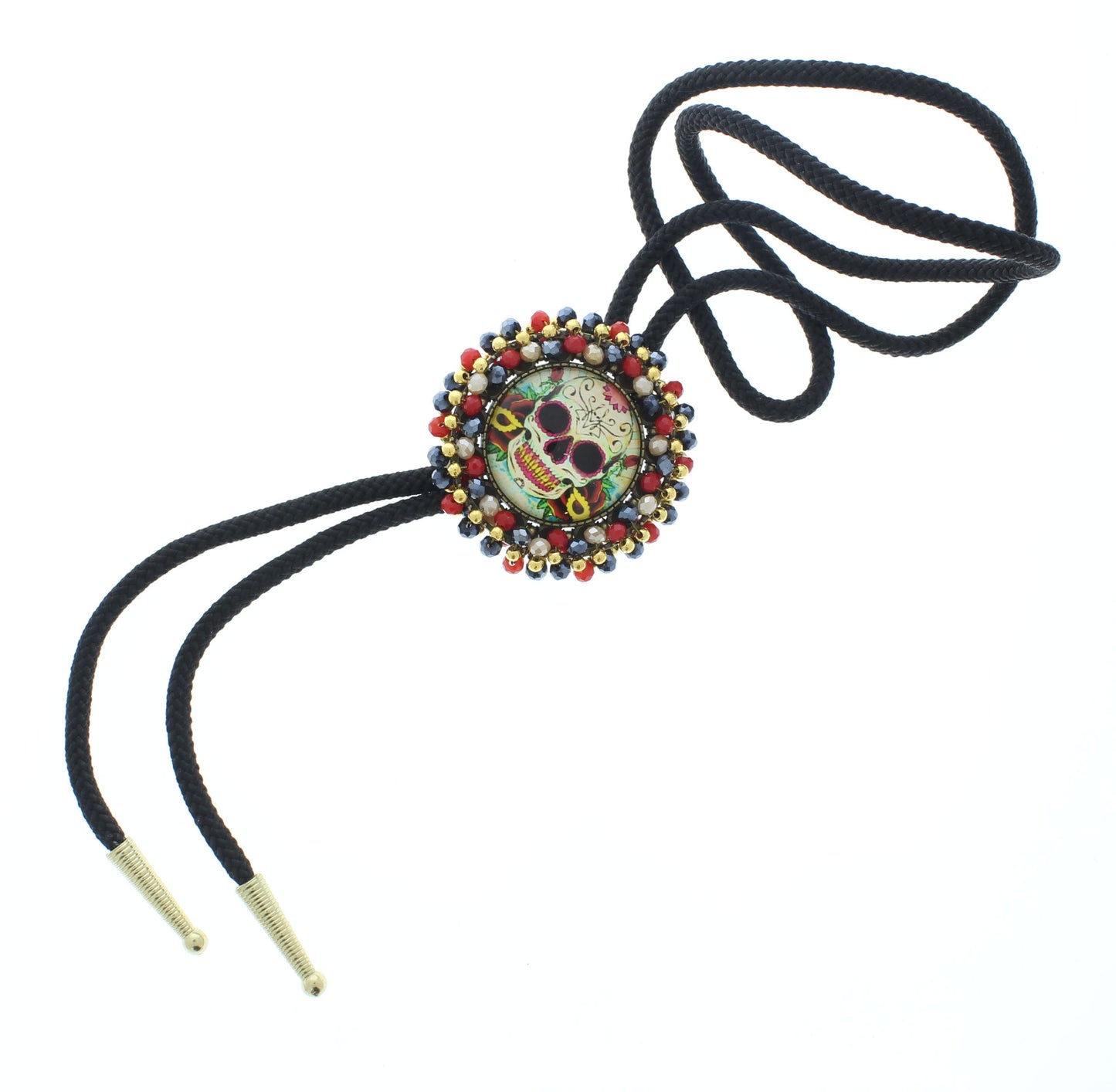 Golden Grin – Skull Candy Bolo Tie with Festive Beaded Halo