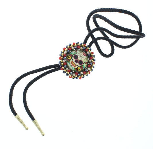 Golden Grin – Skull Candy Bolo Tie with Festive Beaded Halo
