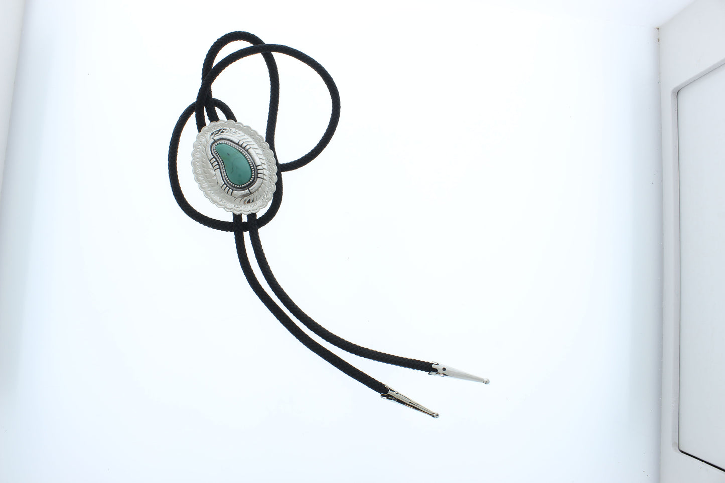 Desert Sovereign – Silver & Turquoise Bolo Tie with Engraved Western Motif, 55.8mm x 42.2mm, made in USA
