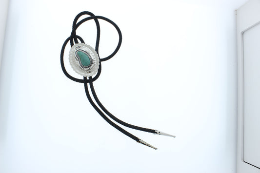 Desert Sovereign – Silver & Turquoise Bolo Tie with Engraved Western Motif, 55.8mm x 42.2mm, made in USA