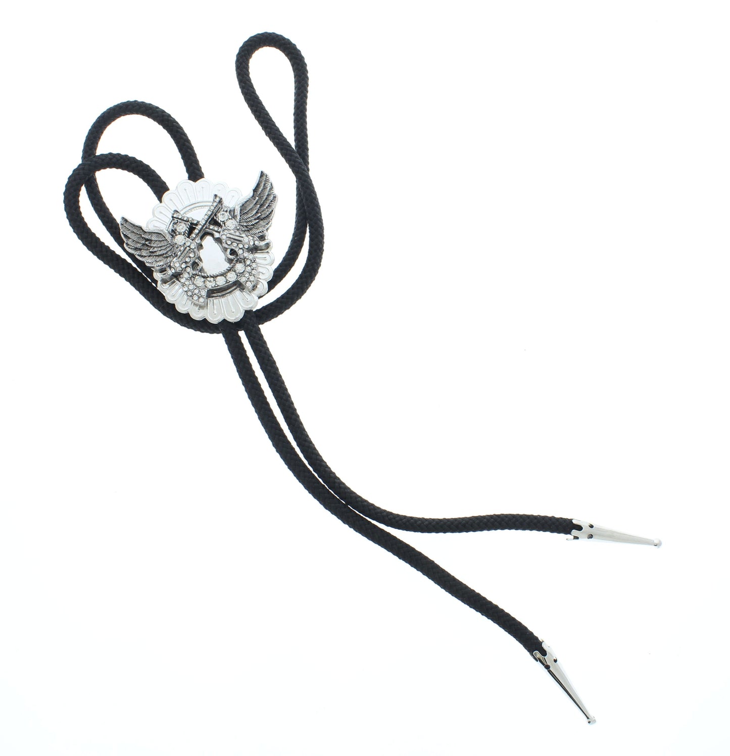 Outlaw’s Flight – Winged Horseshoe Bolo Tie with Crossed Pistols, 52.2mm x 39.1mm, made in USA