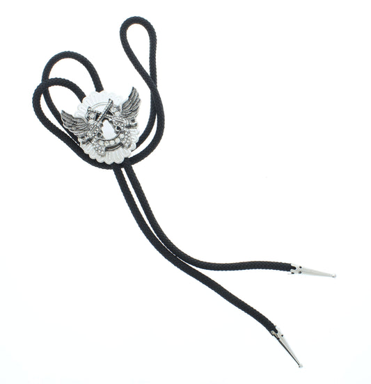 Outlaw’s Flight – Winged Horseshoe Bolo Tie with Crossed Pistols, 52.2mm x 39.1mm, made in USA
