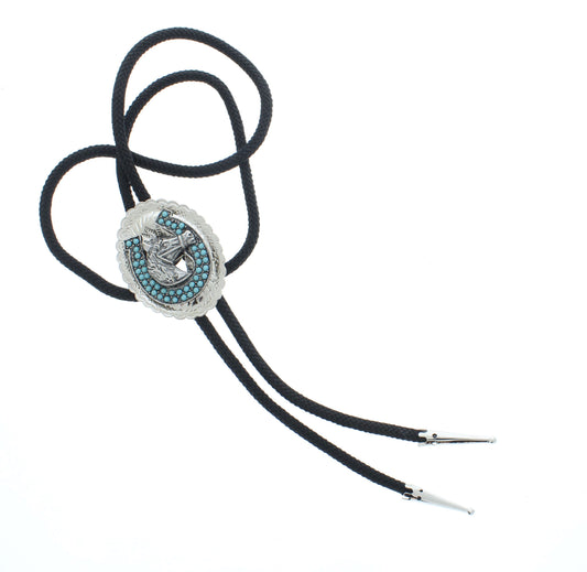 Lucky Reign – Turquoise Horseshoe Bolo Tie with Sculpted Horse Head, 55.2mm x 42.8mm, Made in USA