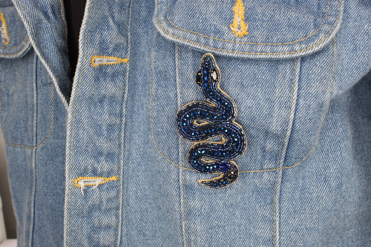 Embroidered Snake Brooch or Hat Pin with Blue Sequins, each