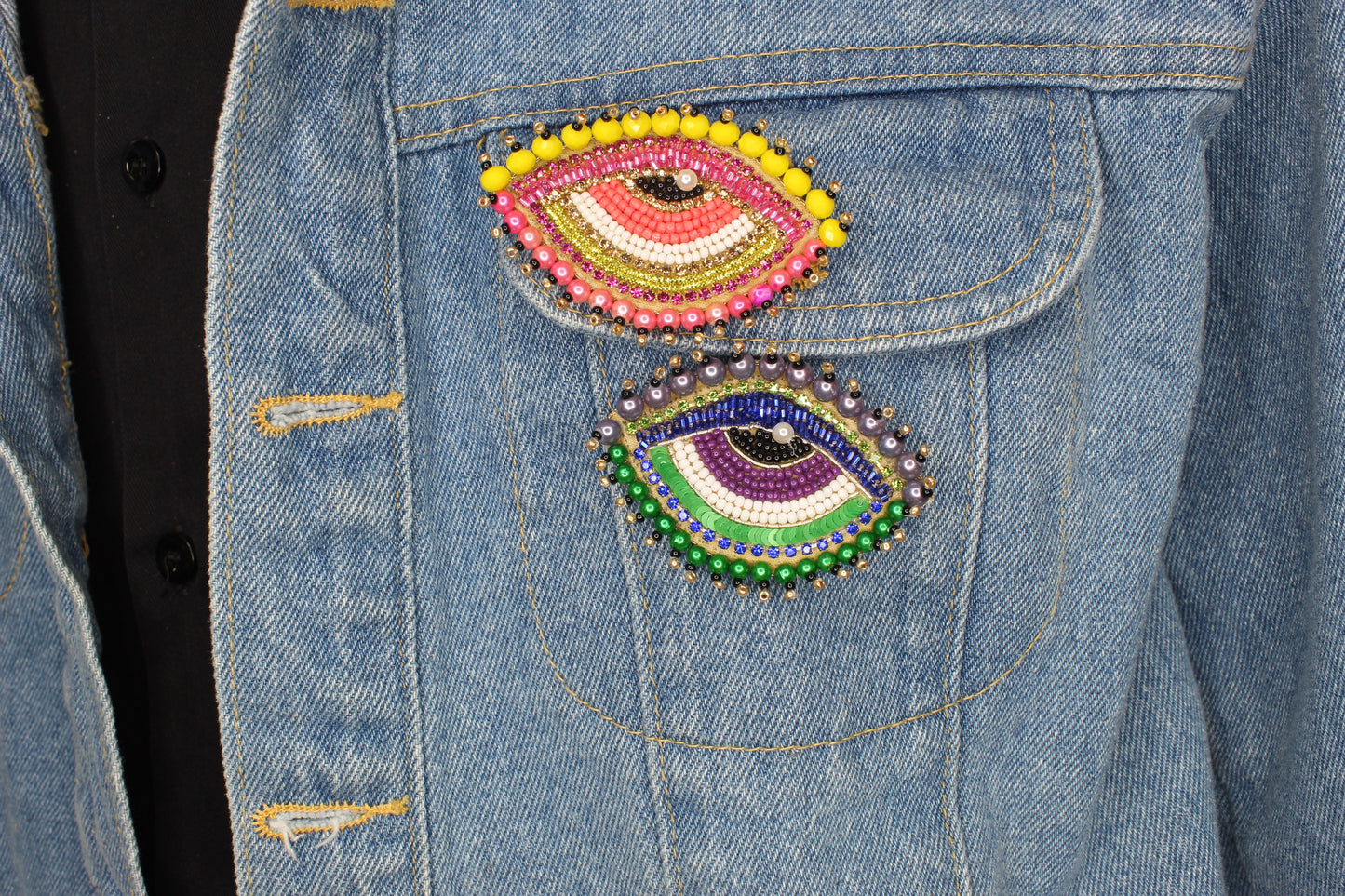 45mm x 63mm Embroidered Sequin Evil Eye Brooch, Green or Pink, each