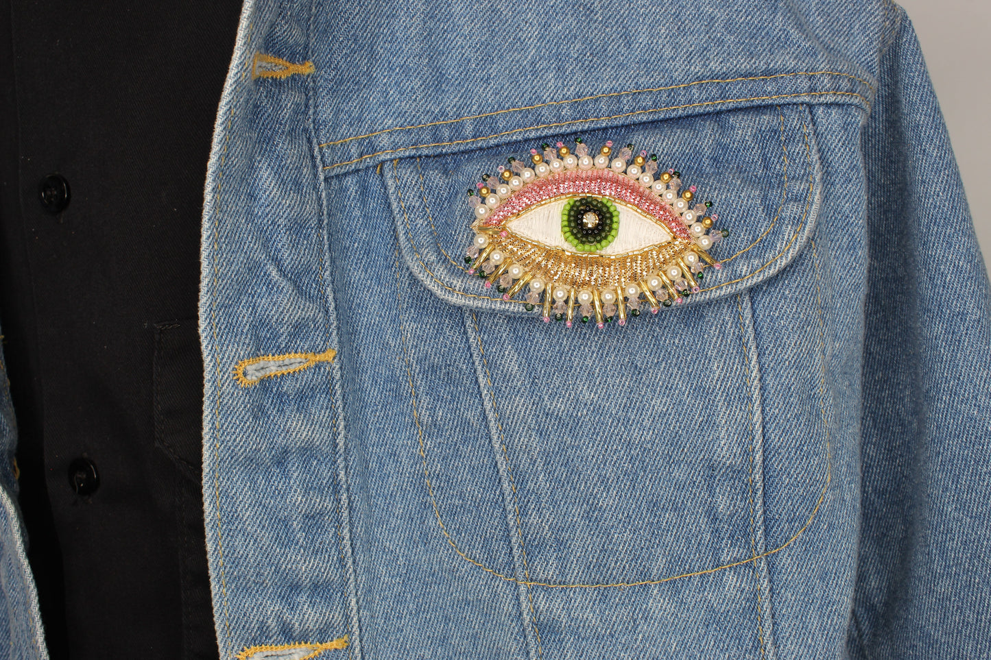 48mm x 67mm Pink and Gold Embroidered Sequin Evil Eye Brooch/Hat Pin, ea