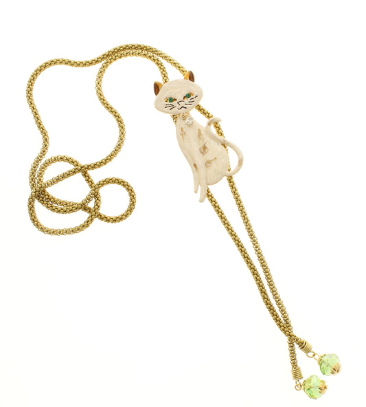 Purrfect Luck – Cat Bolo Necklace with Braided Chain and Beaded Dangles, 62.2mm x 27.6mm, Made in USA