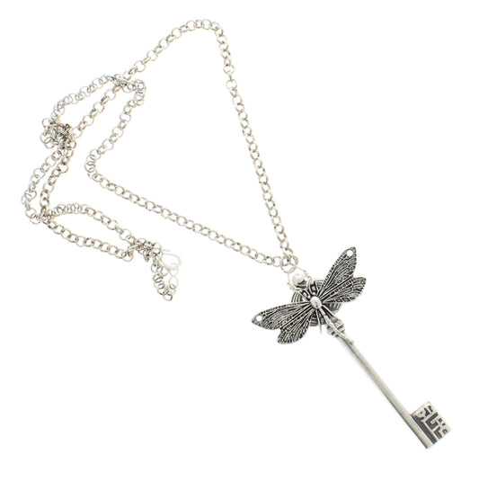 Keeper of Wings – Dragonfly & Key Pendant Necklace